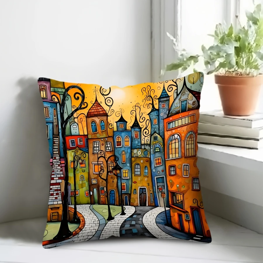 Whimsical Colorful Cityscape Pillow Cover Cartoon Fairy Tale Town Print Cushion Case for Sofa Couch Boho Eclectic Home Decor