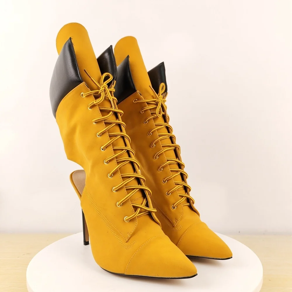 

Женские замшевые ботильоны горчично-желтого цвета на шнуровке с острым носком и каблуком-шпилькой в дерзком стиле для свиданий, клубных вечеринок и создания эффектных образов
