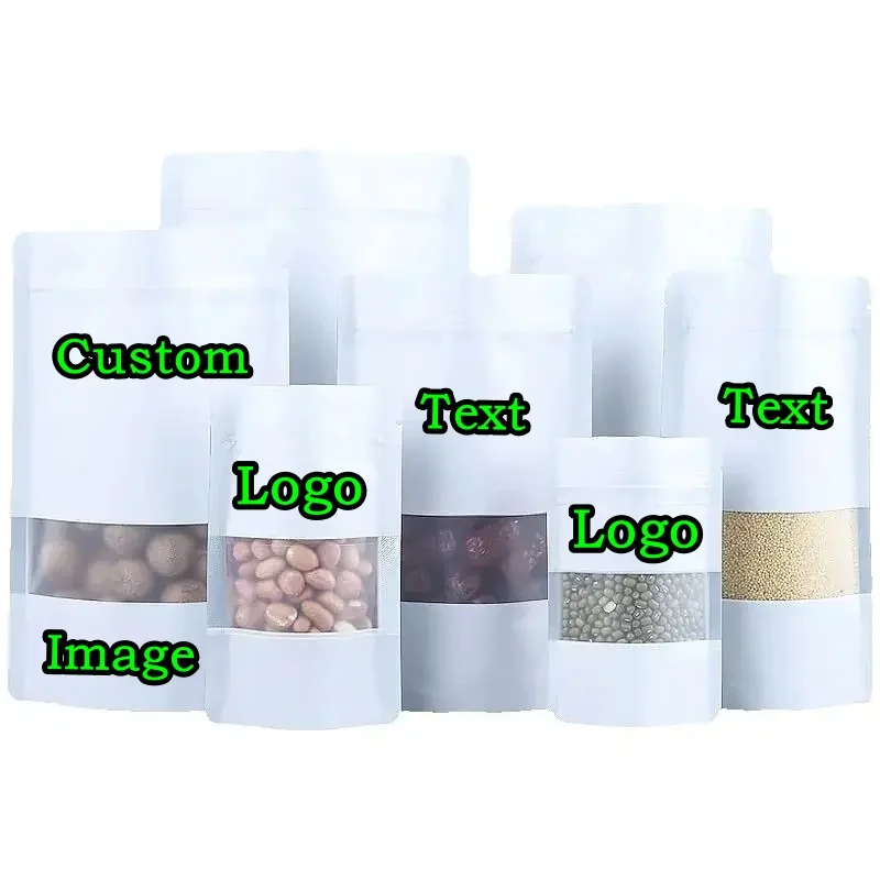 100PCS Stand-up Matte White Aluminum Foil Window Ziplock Bag DIY Matcha Snack Coffee Spice Candy Tea Custom Logo Gift Pouches