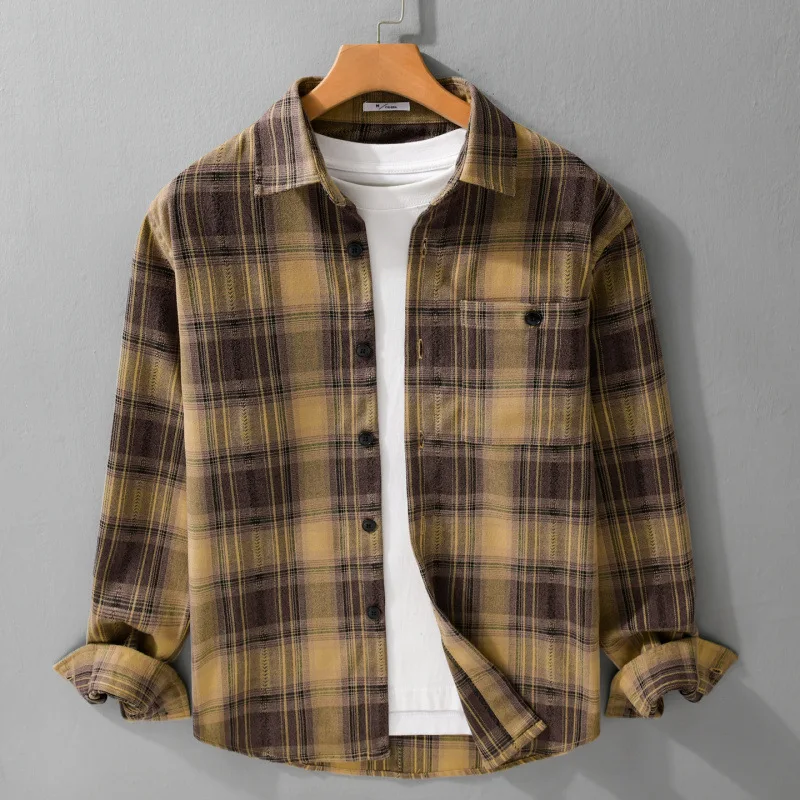 

Осень-зима Новые мужские рубашки Японские винтажные клетчатые рубашки Мужская удобная рубашка с начесом и карманом Молодежный повседневный топ высокого качества