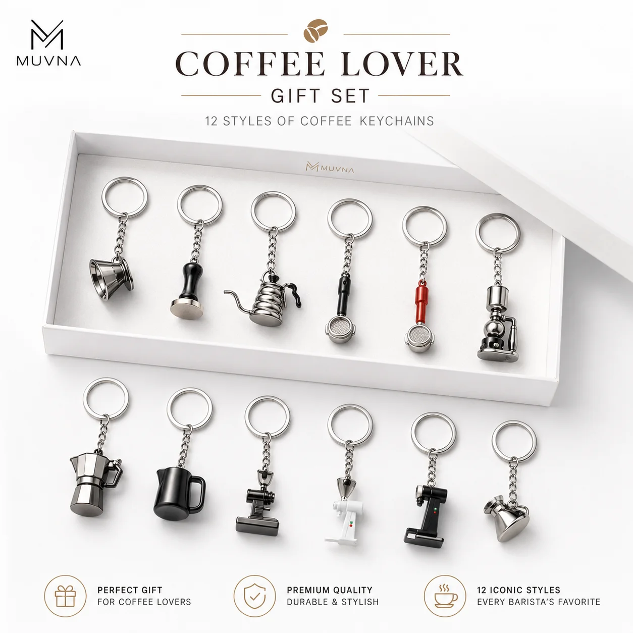 MUVNA Coffee Keychain Mini Barista Tool Pendant, Tamper Portafilter Kettle Moka Pot Grinder Key Ring Gift