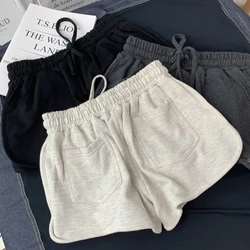 Shorts de motoqueiro soltos para mulheres, shorts casuais de fitness para senhoras, monocromático, cintura alta, elástico na cintura cinza e preto, moda verão