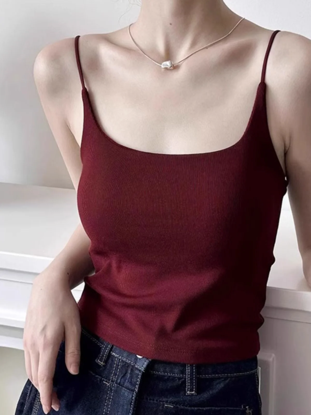 Red Spicy Girl Strap Vest Women's Outerwear Beautiful Back Bra Integrated Bra Base Layer Inner Match with Chest Pad Back Expo...