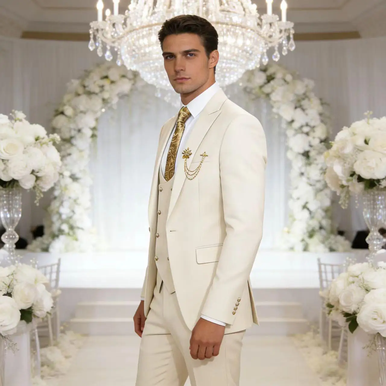 Men's 3-Piece Suit Set Classic One Gold Button Slim Fit Blazer Vest Pants Formal Business Wedding Wear - Image 2