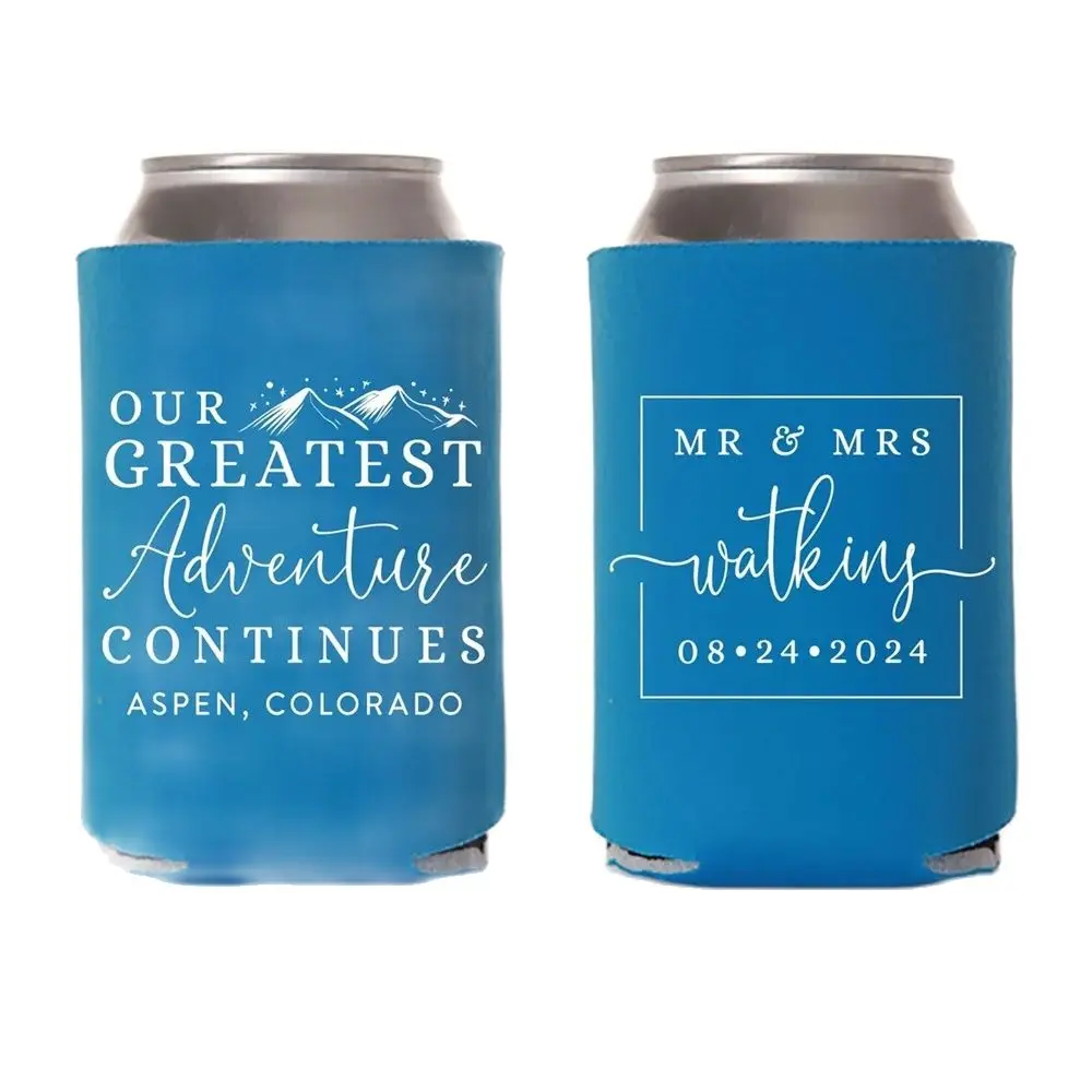 

Our Greatest Adventure Continues - Wedding Can Cooler #164R - Custom -Wedding Favors, Insulated, Beer Huggers, Wedding Favor, Be