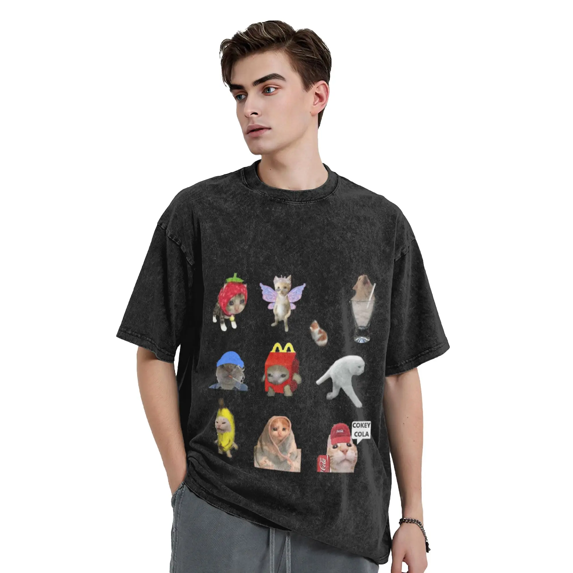 Cat Memes Sticker Bundle Unique Cool A T-Shirt Oversized Short Sleeve Men's Women's Cotton Tees Tops