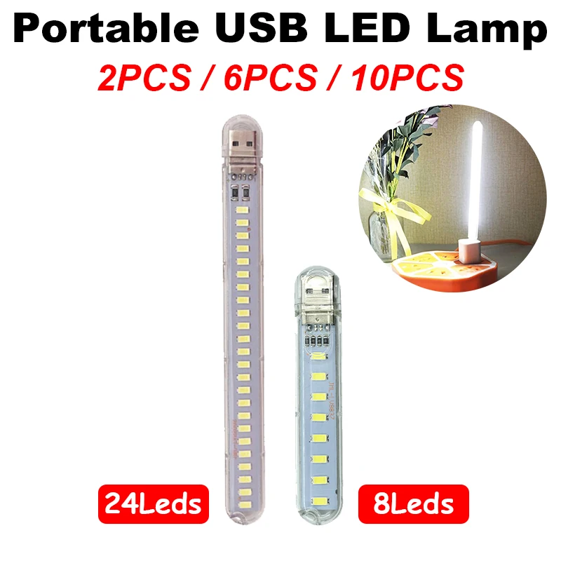 

2/6/10PCS USB Plug Lamp 8leds 24leds Reading Book Light 5V Ultra Bright LED Night Light Portable Lighting For Power Bank Laptop