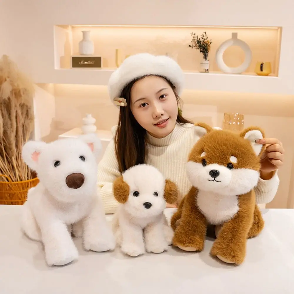 

Lying West Highland Plush Toy with Chain Real Life Simulation Akita Dog Stuffed Animals Fluffy Stuffed Puppy Doll Home Decor