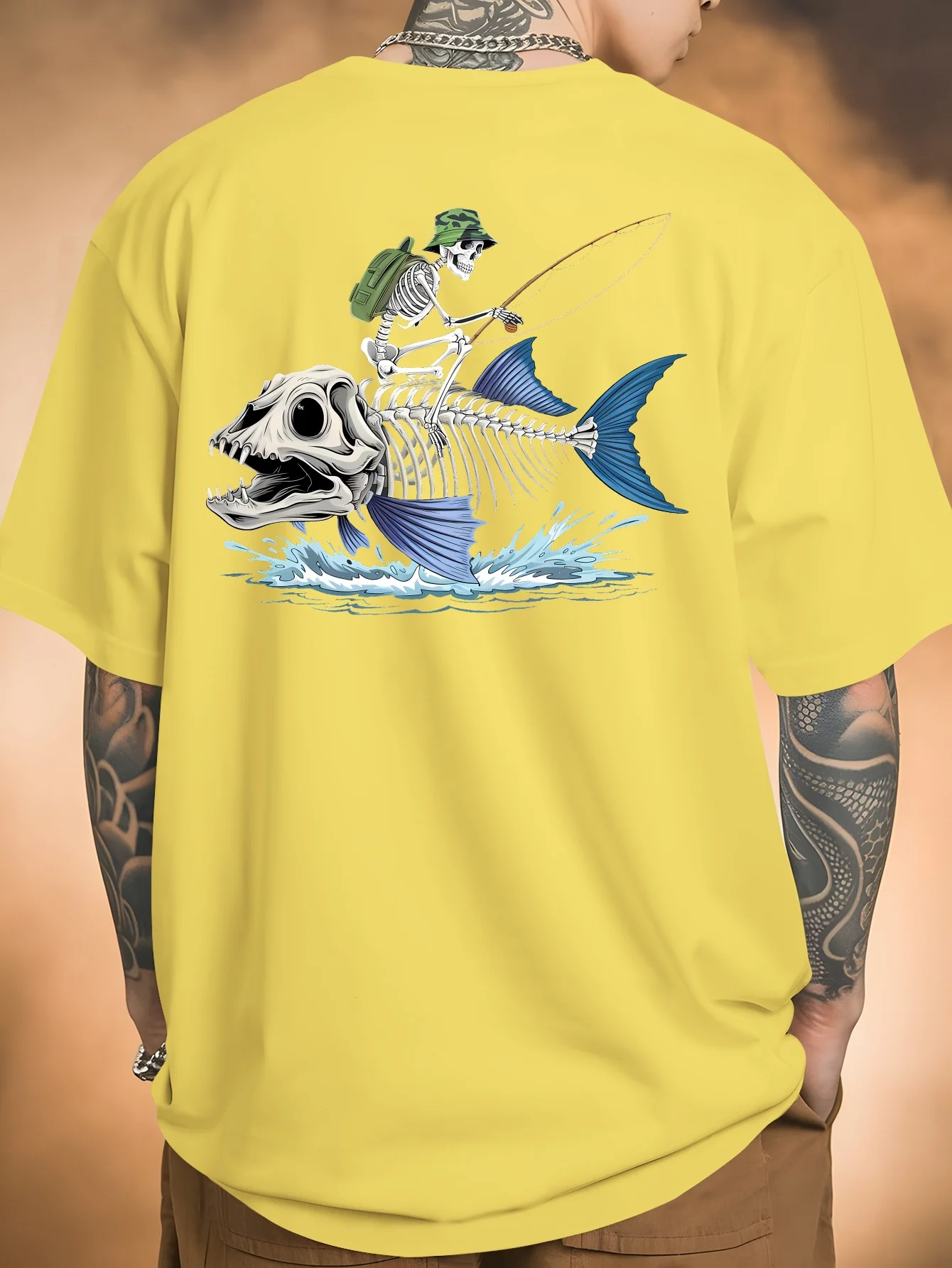 Skeleton Riding Fish Graphic Tee Men's Casual Cotton Breathable Short Sleeve Fishing Shirt
