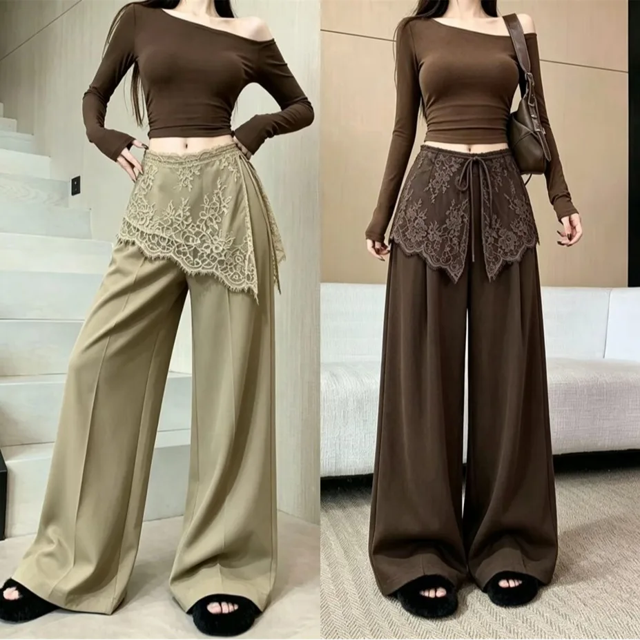 Korean Style Lace Pleated Wide Leg Pants Women's Autumn Design Sensation High Waist Draping Straight Cut Casual Trousers
