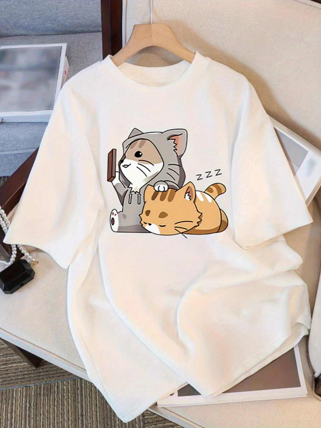 Odzież damska koszulka z krótkim rękawem dla kobiet uroczy nadruk z kreskówkowym kotem okrągły dekolt codzienna i uniwersalna