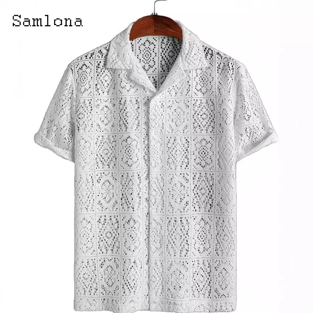 Camisa de renda bordada masculina, blusa de praia Hollow Out Cardigans brancos sólidos, blusa de tricô macia, plus size, malhas masculinas com gola mandarim