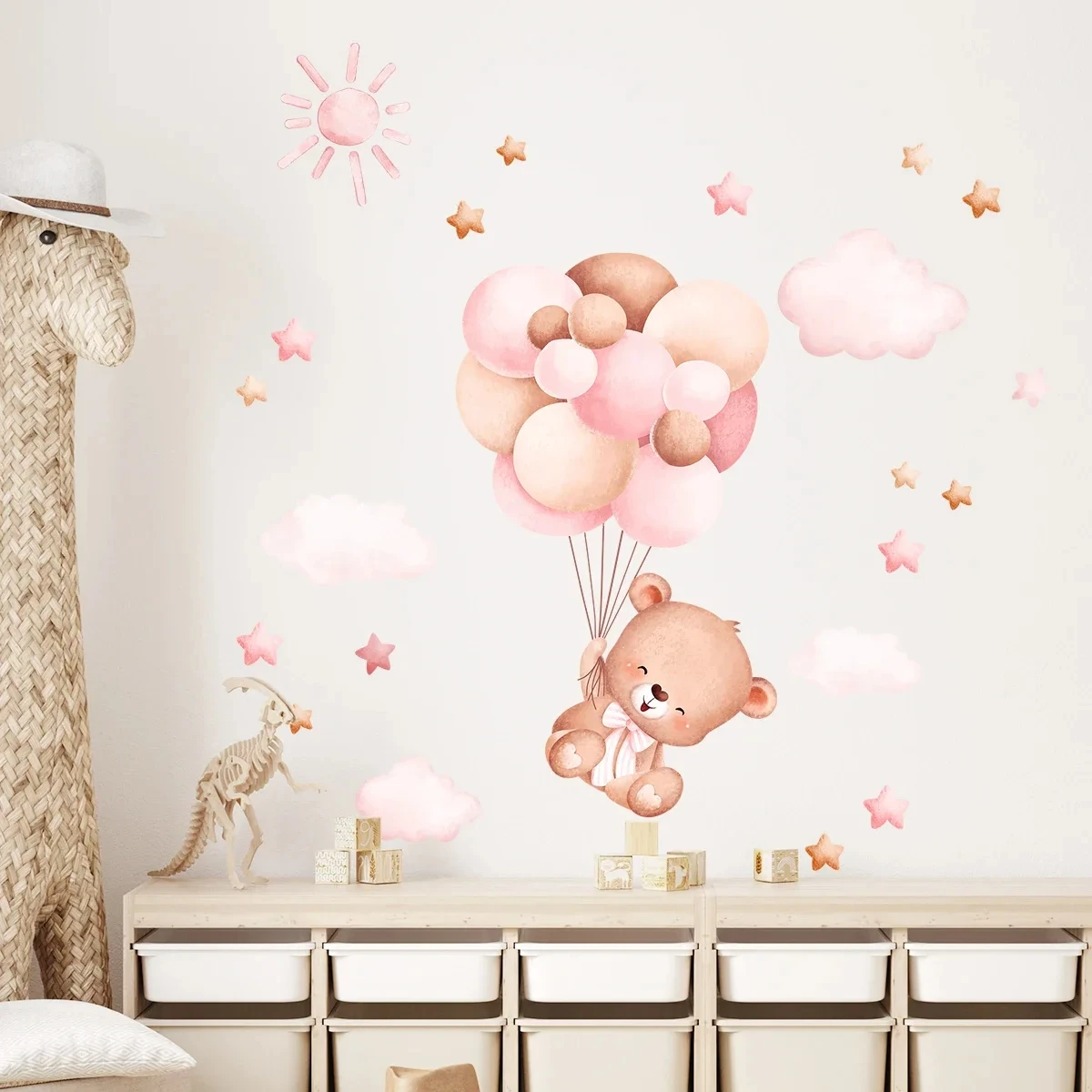 Watercolor Cartoon Balloon Bear Furniture Wall Sticker Kids Room Home Decoration for Baby Room Decor Girls Bedroom Living Room