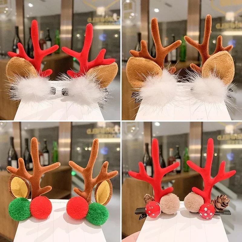 1 Pair Christmas Hair Clips Cartoon Plush Elk Ear Hairpins Santa Snowman Barrette Kids Women Cosplay Headwear Xmas New Year 머리핀