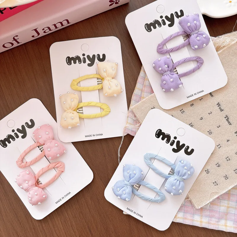 

Корейские заколки для волос ручной работы с жемчугом и розовыми бантами из ткани для маленьких девочек, милые универсальные боковые заколки, аксессуары для волос для подростков