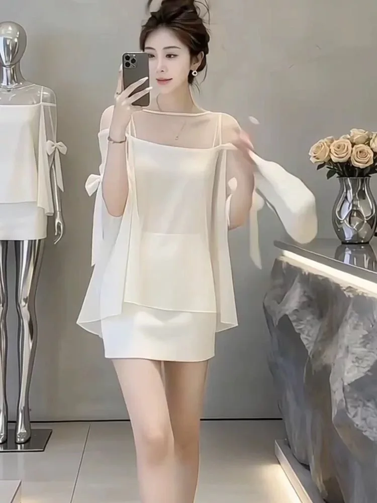 

Spring Fashion Design Knot See-through Top Short Pants Women's Two-piece Set Elegant Style Long Sleeve round Neck