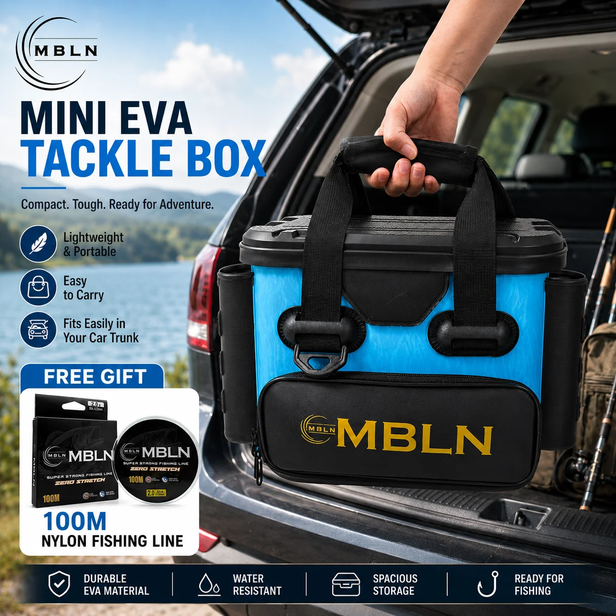 MBLN 14L Mini EVA Angelkoffer, Tragbare Hartschalen-Angeltasche mit Rutenhaltern, 70KG Tragfähigkeit, Angelschnur – Detail 6