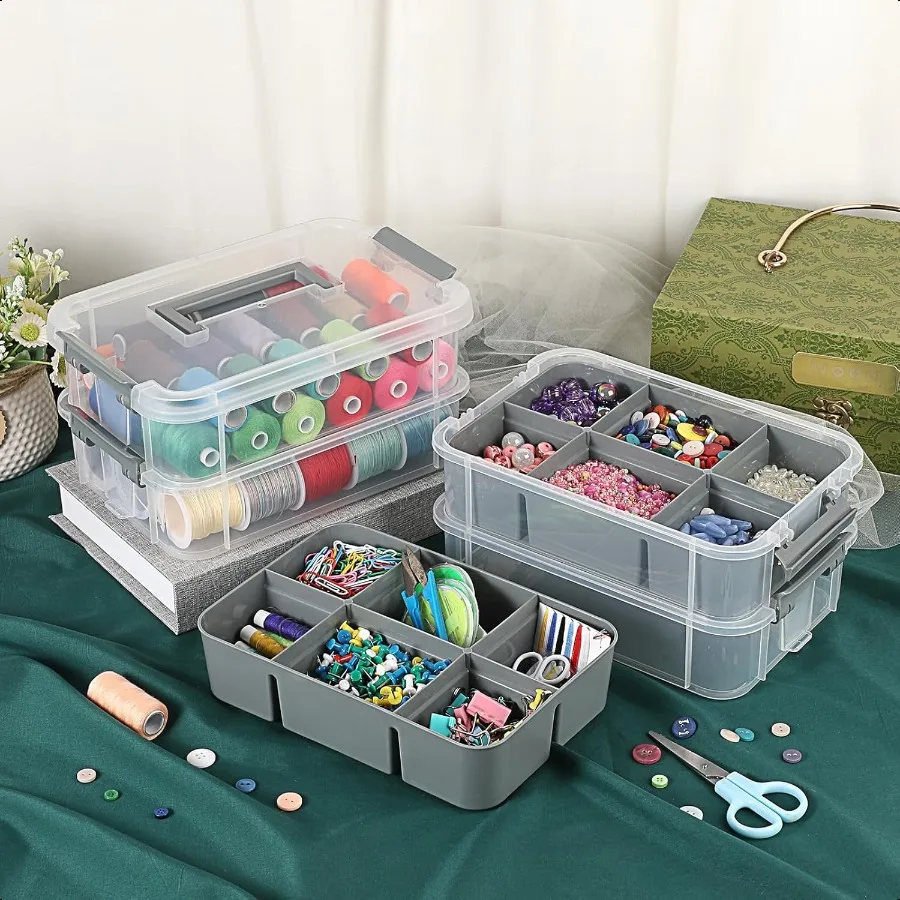 4Tiers Stack Carry Storage Box With 2 Divided Tray Transparent Stackable Storage Bin With Handle Lid Latching Storage Container