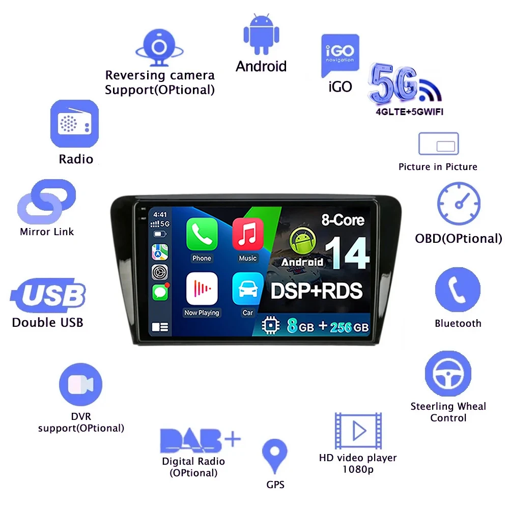 Android 14 For Volkswagen Skoda Octavia 3 A7 2013-2018 2 Din Car Stereo Radio Multimedia Video Player Navigation GPS 4G Carplay