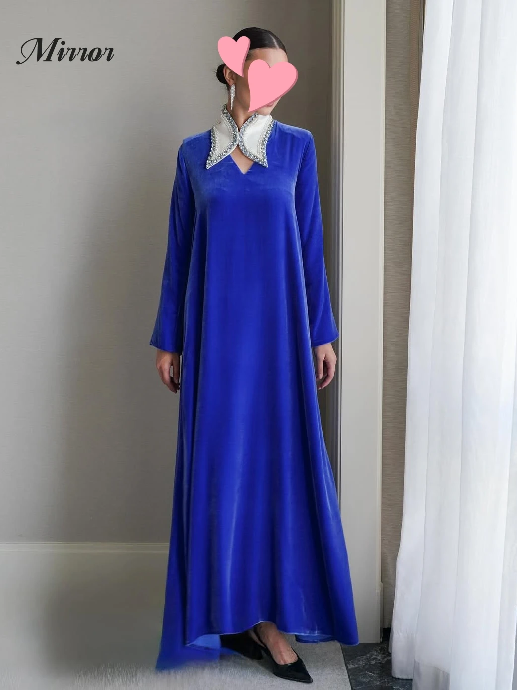 

Mirror Dress Elegant Vintage Sexy Blue Velvet Beads Stylish V-Neck Customize Formal Occasion Prom Dress Evening Party Gowns