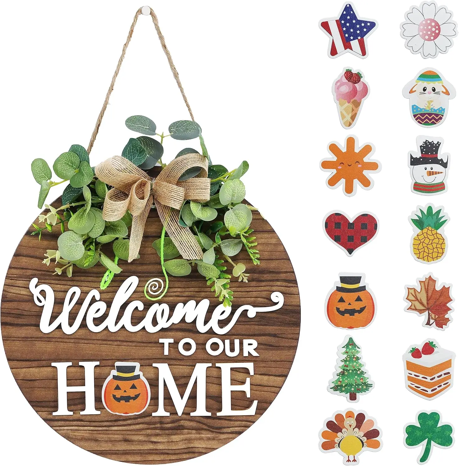 Interchangeable Seasonal Welcome Sign Front Door Decoration, Rustic Round Wood Wreaths Wall Hanging Outdoor, Farmhouse, Porch
