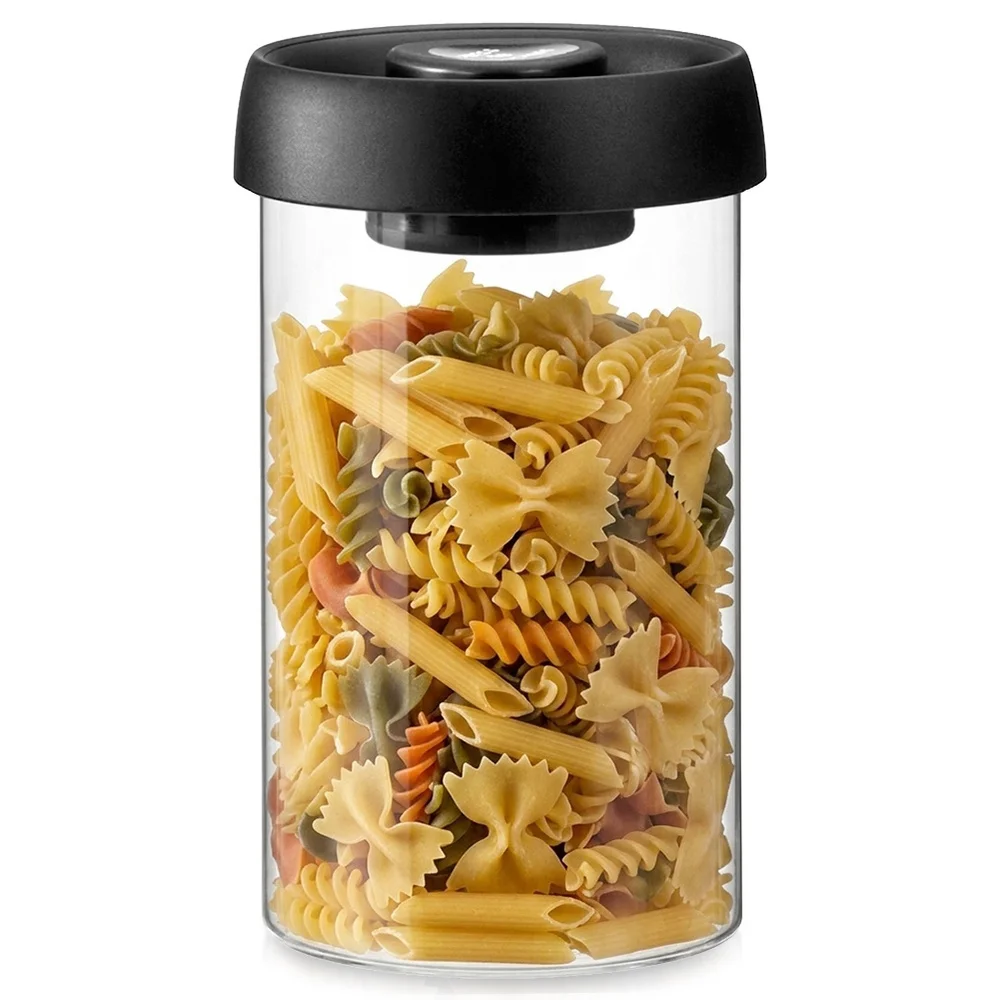 Glazen pot voor losse producten met een vacuümdeksel, 800 ml, ideaal voor het bewaren van koffie, thee, rijst, pasta, ontbijtgranen en andere losse producten. Het vacuümdeksel zorgt voor een optimale