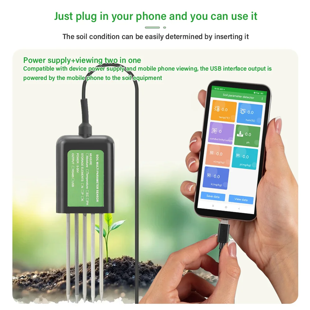 Smart Soil NPK EC Moisture Temp pH Meter Soil Analyzer USB Rechargeable Data Logger Android APP For Garden Farm Plant Healthy