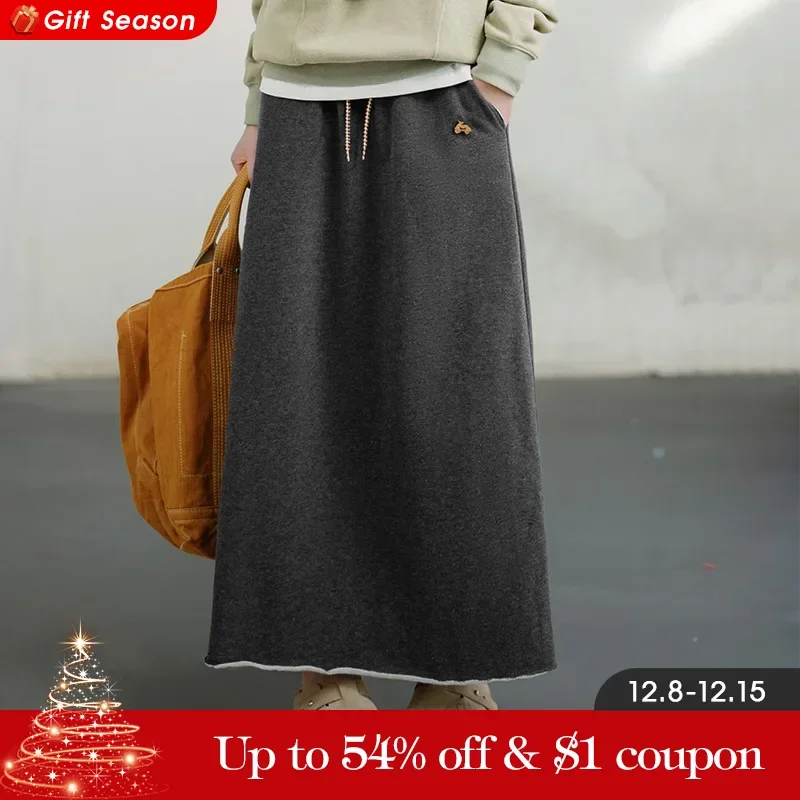 Maden Casual Knit Skirt Drawstring Elastic Waist A-Line Loose Fit with Pockets Solid Color Versatile Maxi Skirt for Autumn Women