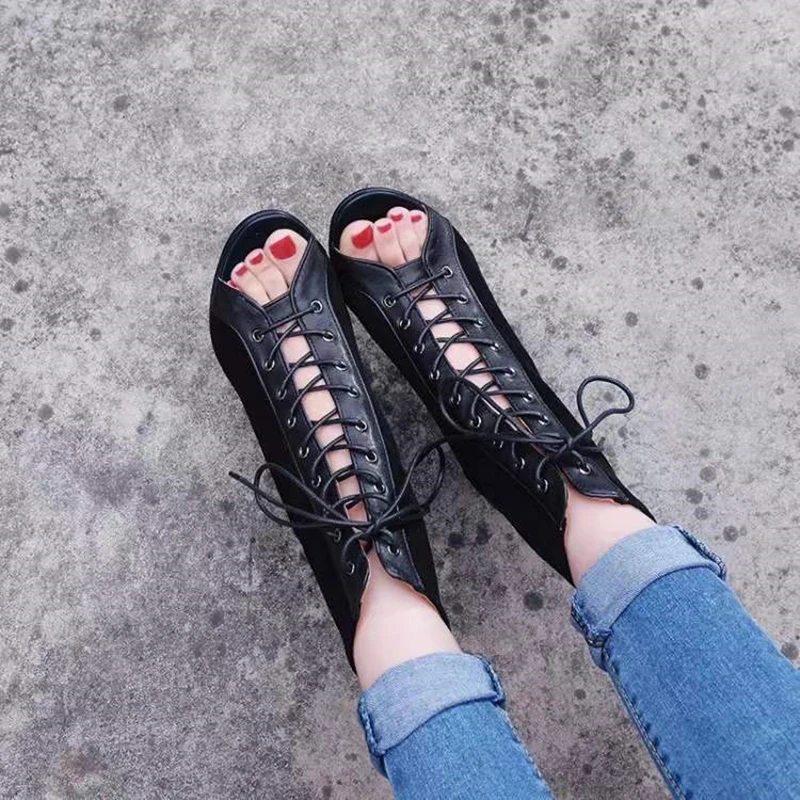 Lace-Up Sandals Heels 9CM Women\'s Shoes Summer 2022 Trend Black Sexy Peep Toe Boots Fashion Cloth Stilettos Jazz Dance Female