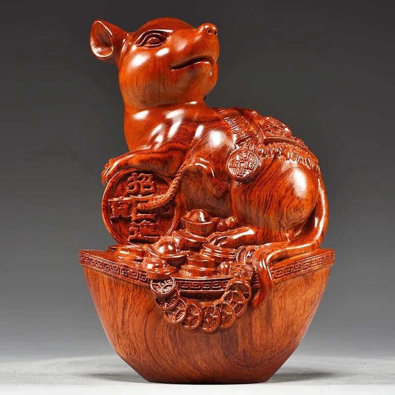 Red Flower Pear Wood Carving Mouse Ornament, Chinese Zodiac Display, Home Living Room, TV Cabinet, Office Decoration, Redwood Cr