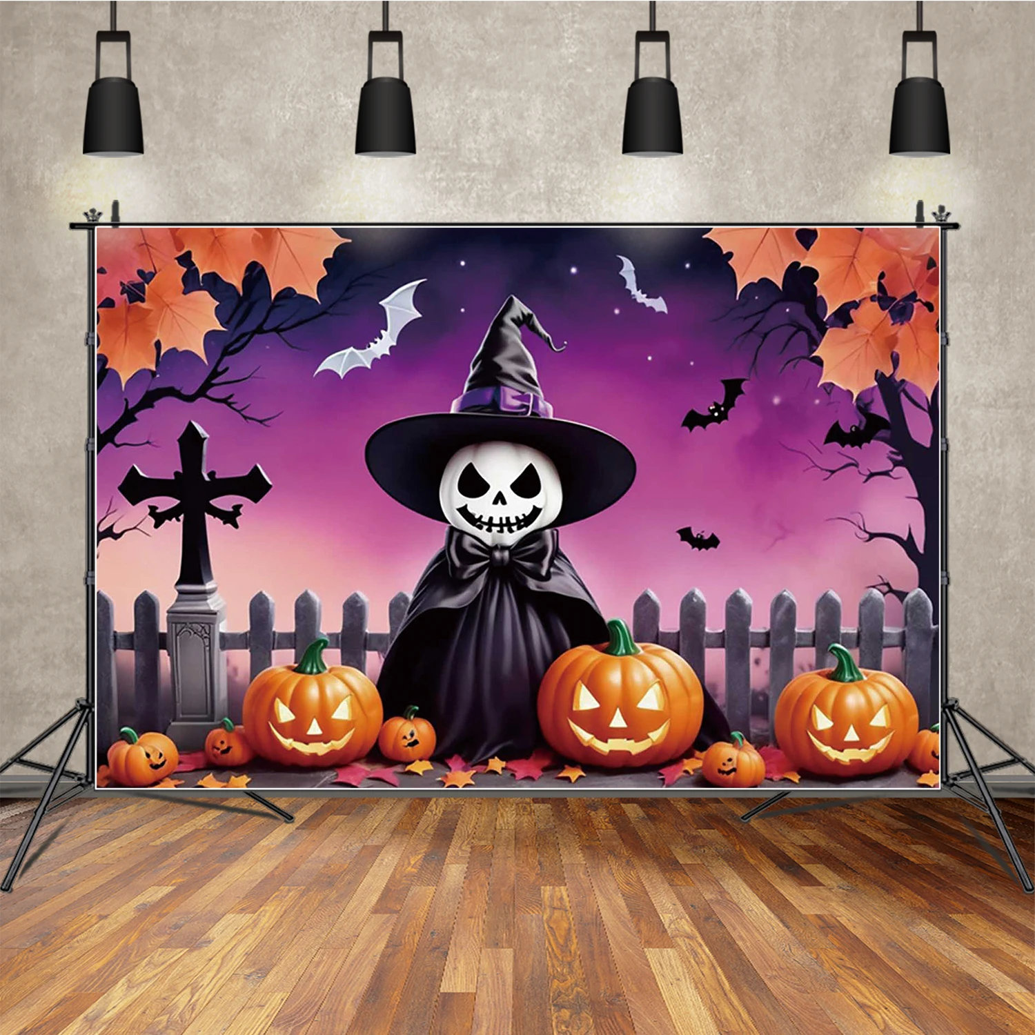 

MOON.QG Fence Pumpkin Halloween Photo Background Cross Bats Autumn Backdrops For Photography Banner Poster Decoration Photozone