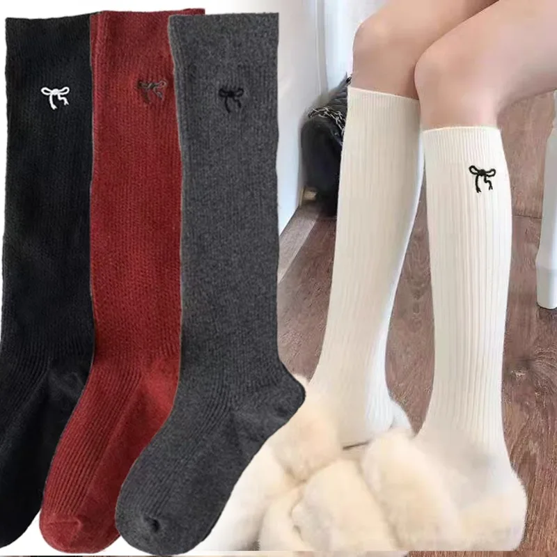 Long Bowknot Knitted Stockings Women Sweet Bowknot Embroidery Elastic Socks Girls Solid Color Ancla Red Vertical Knee-high Socks