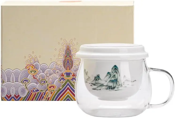 Glass Tea Cup Coffee Mug with Ceramic Infuser and Lid Saucers, Chinese Traditional Patterns, Tea, Juice, Coffee - 10oz (WAVE CLI