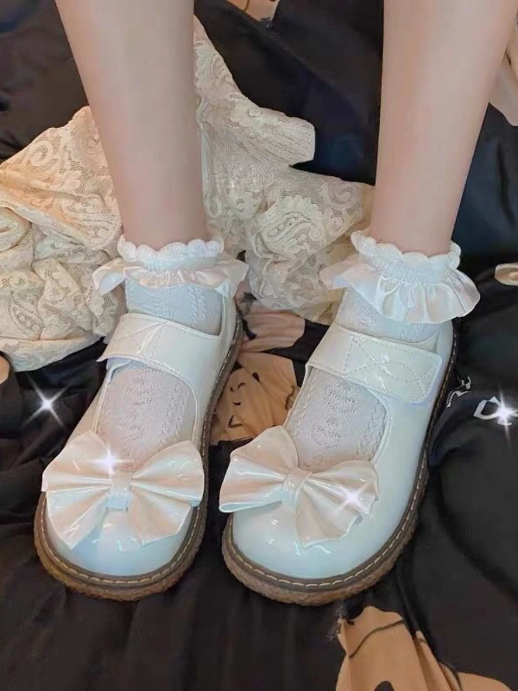 Fashion Uniform Small Leather Shoes Female Lolita Vintage Platform Round Head Shoes Women Tie Bow Student Girl Mary Jane Shoes