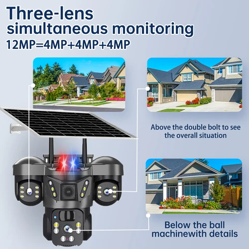 Imagen 2 del producto V380 Cámara Solar WiFi de 3 lentes 4G Sim PIR para exteriores detección humana visión nocturna vigilancia PTZ 15MP vídeo de seguridad IP de 3 pantallas
