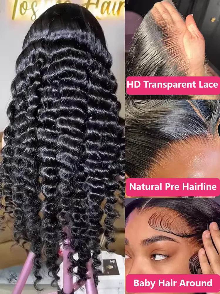 Pelucas de cabello humano 100% con encaje Frontal 13x6 5x5 de onda profunda de 38 pulgadas, peluca Frontal de encaje Remy de 250% de densidad prearrancada para mujeres negras