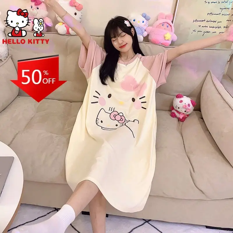 HelloKitty Pochacco Cinnamon Women Sleepwear Loose Large Size Kawaii Cute Cartoon Nightdresses Oversize Cozy Pajama  Loungewear