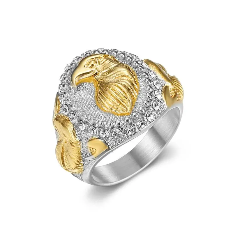 HIP Hop Bling Iced Out Stainless Steel Raptor Eagle Round Rings for Men Rapper Jewelry Gold Silver Color Gift