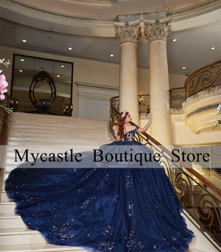 Navy Blue Beaded Off Shoulder Quinceanera Dresses 2025 Lace Appliques Mexican Pincess Ball Gown Ruffles Sweet 16 Dress Corset