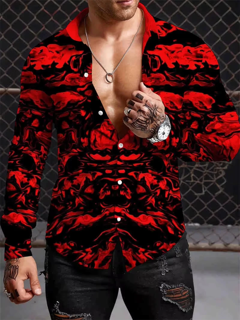 Men's Colorblock Button Shirt Printed Long Sleeve Fashion Casual Holiday Party Street Spring and Summer Lapel Printed Shirt。