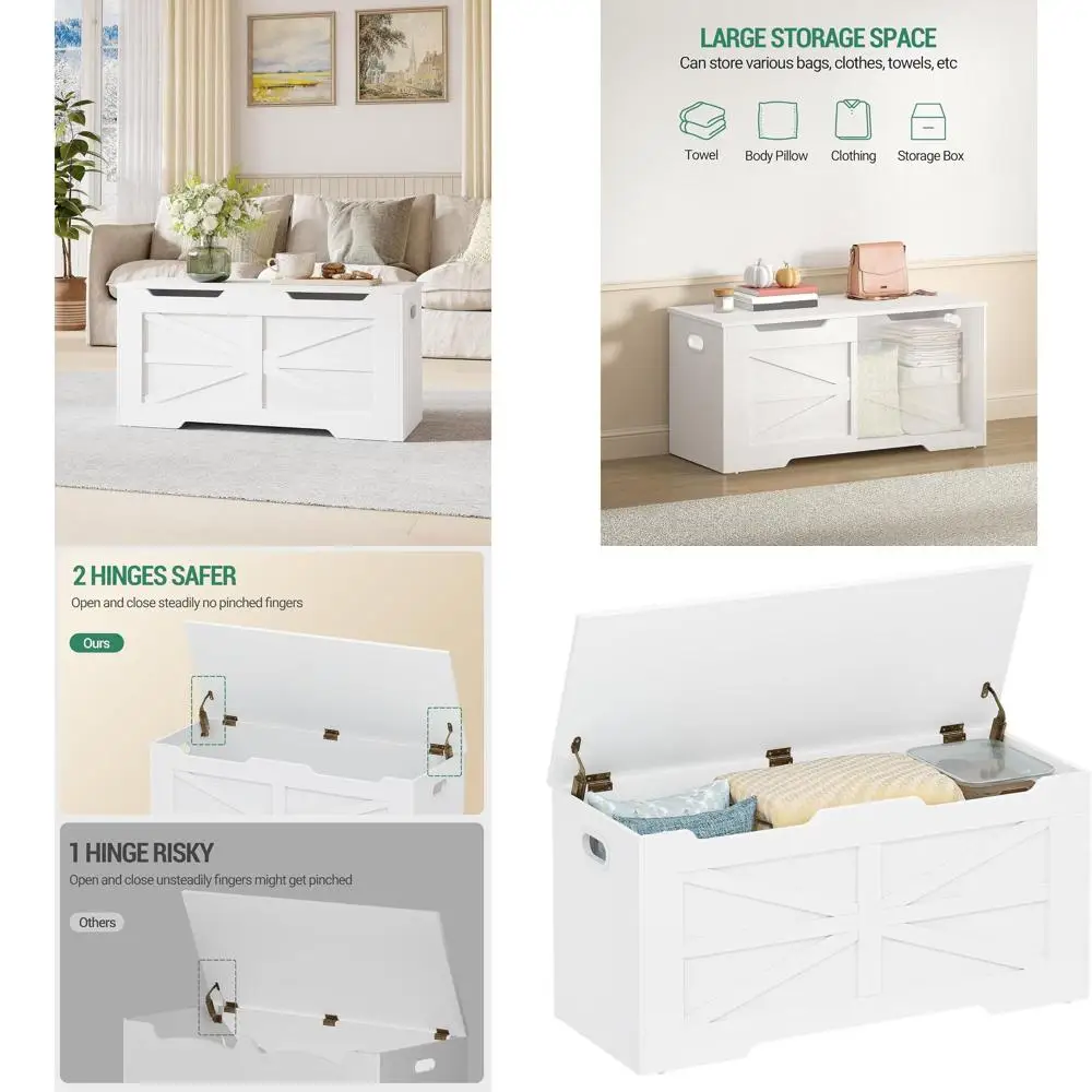 Kotak Penyimpanan Kayu Besar dengan Tutup Angkat, Bangku Organizer Sepatu Putih untuk Pintu Masuk, Kamar Tidur, Ruang Tamu SB03403X