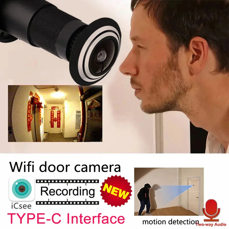 ICSEE Wifi Door Eye Camera Mini Peephole Door WifI IP Camera1.66MM Wide Angle FishEye 2Way Audio Build-In Speaker TF card Slot