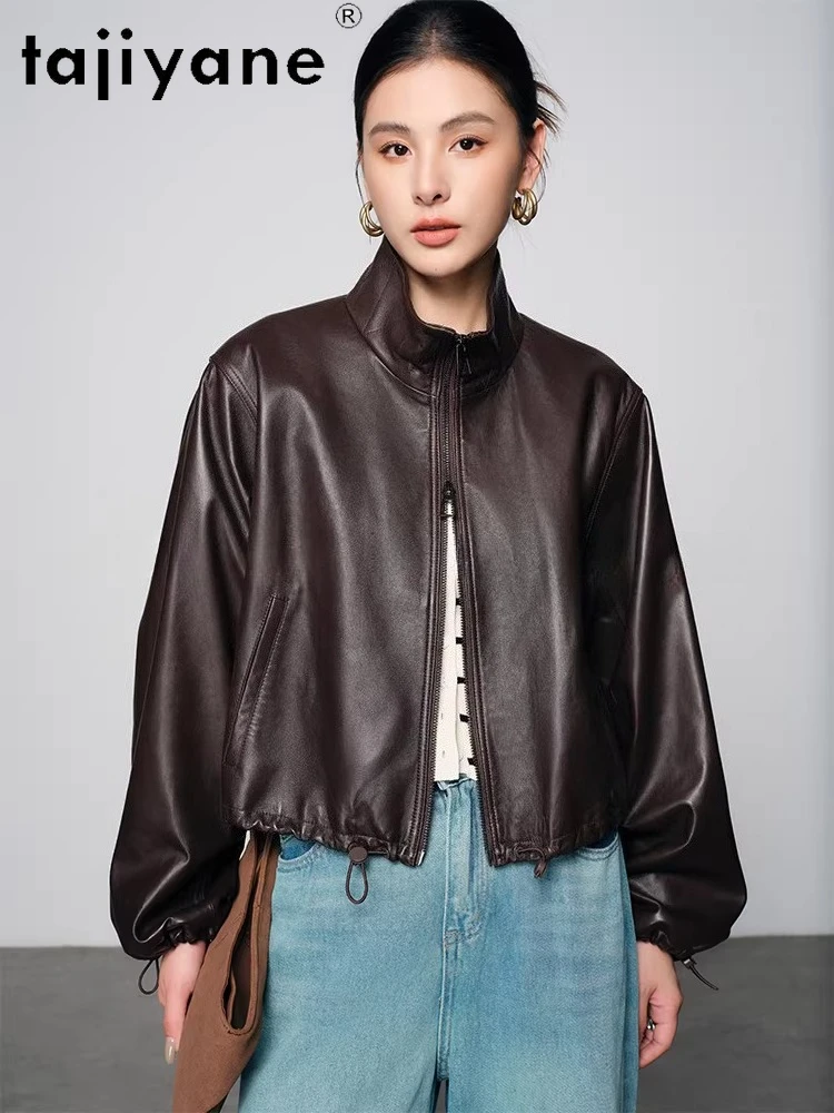 TAJIYANE 本物の羊皮ジャケット女性用ショートスタンドカラーコートカジュアル本革ジャケット2025秋服 дубленка женская