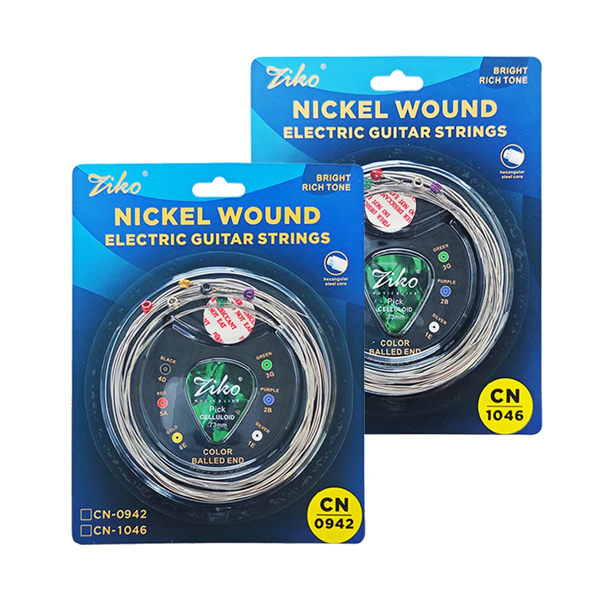 ZIKO 1Set CN-0942/CN-1046 Nickel Wound Electric Guitar Strings–Hexagonal Steel Core, Bright Tone, 2 Gauge Options (Light/Medium)