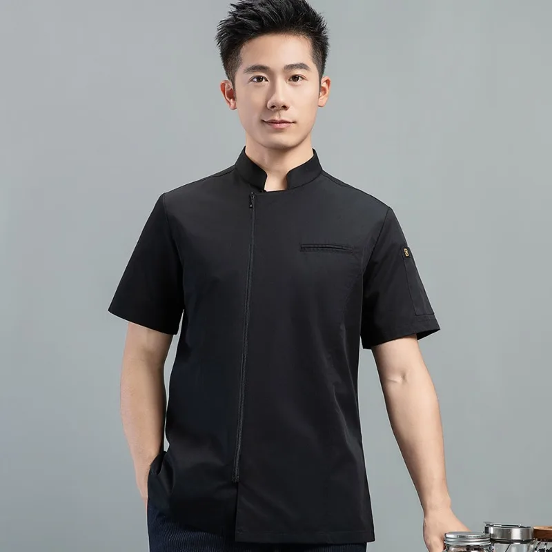 ホテルやレストランの厨房ユニフォーム用のジッパー付きプロ仕様半袖シェフジャケット