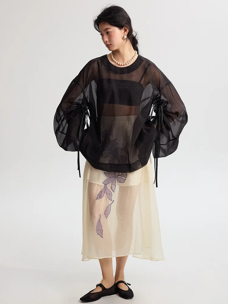 

Lingli Summer Series Oversized Silhouette Sve Transparent Me Top Women's Breathable Long Sve round Ne Cotton Blend