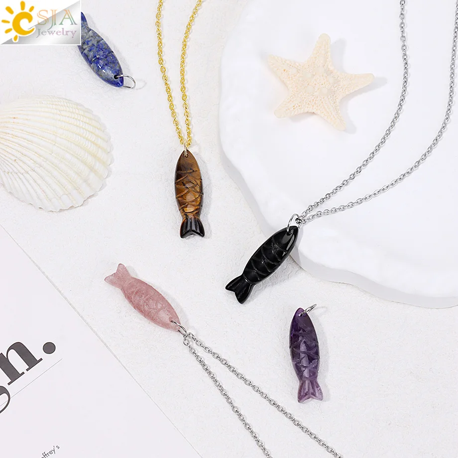 CSJA Crystal Carved Fish Shape Pendant Necklace Natural Stone Amethyst Double-sided Engraved Pendant Stainless Steel Chain H799