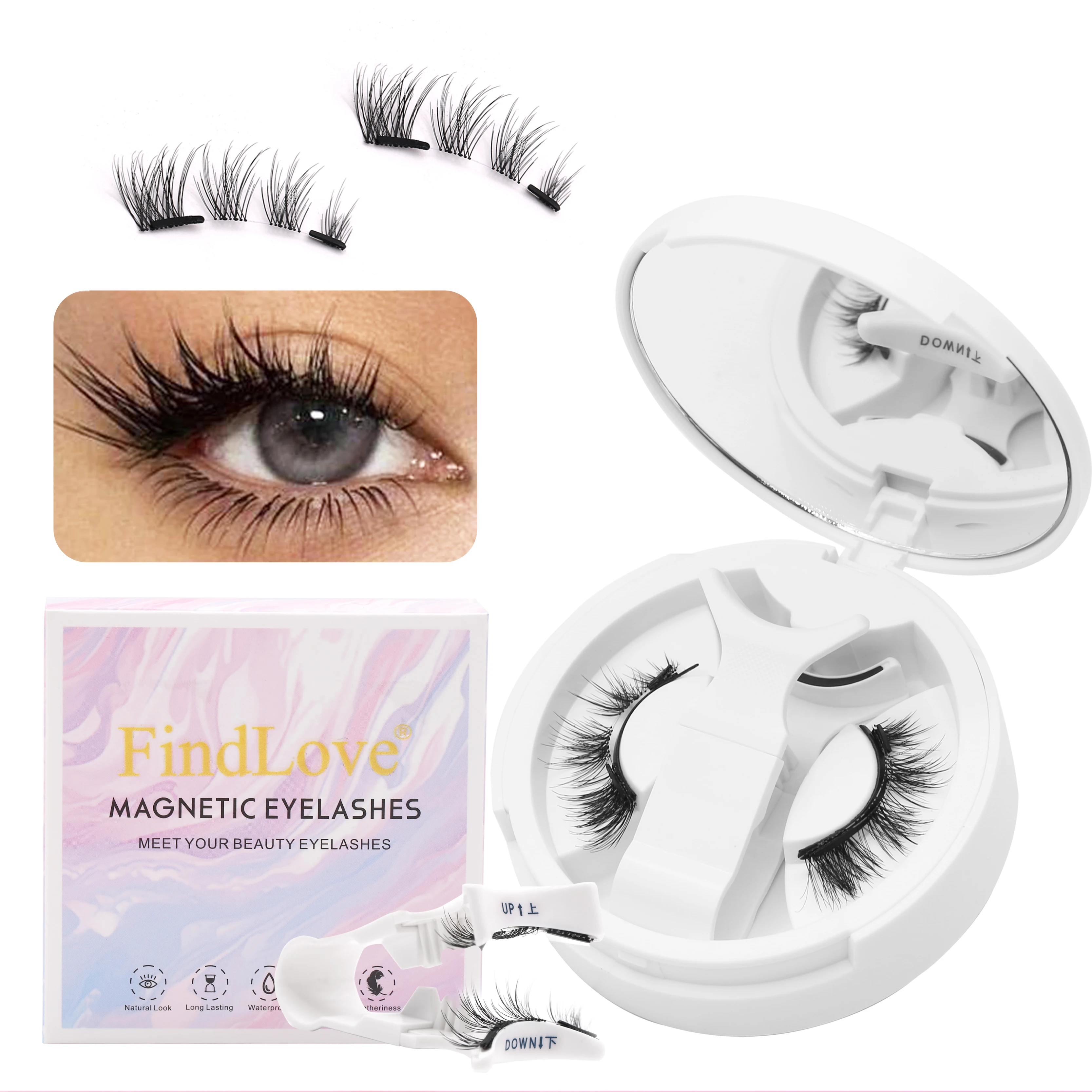 FindLove Fox Eye Lashes طقم رموش مغناطيسية لا حاجة إلى غراء رموش مع قضيب رموش صناعية طبيعية ناعمة سميكة خالية من الغراء