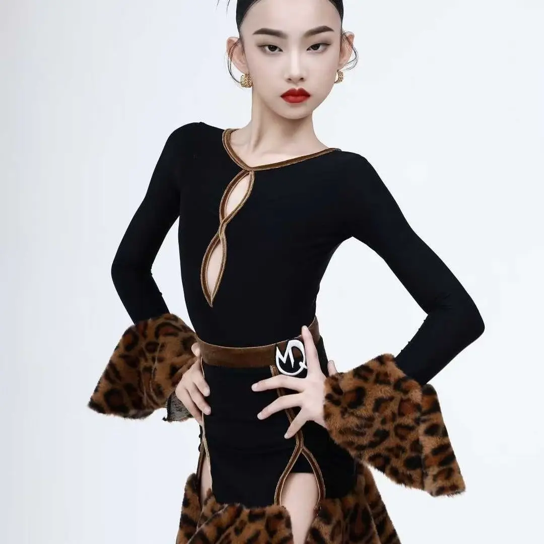 Vestidos de danza del vientre para mujer, retales de leopardo, traje latino, vestido de manga larga para niña, ropa de vendaje de competición para mujer