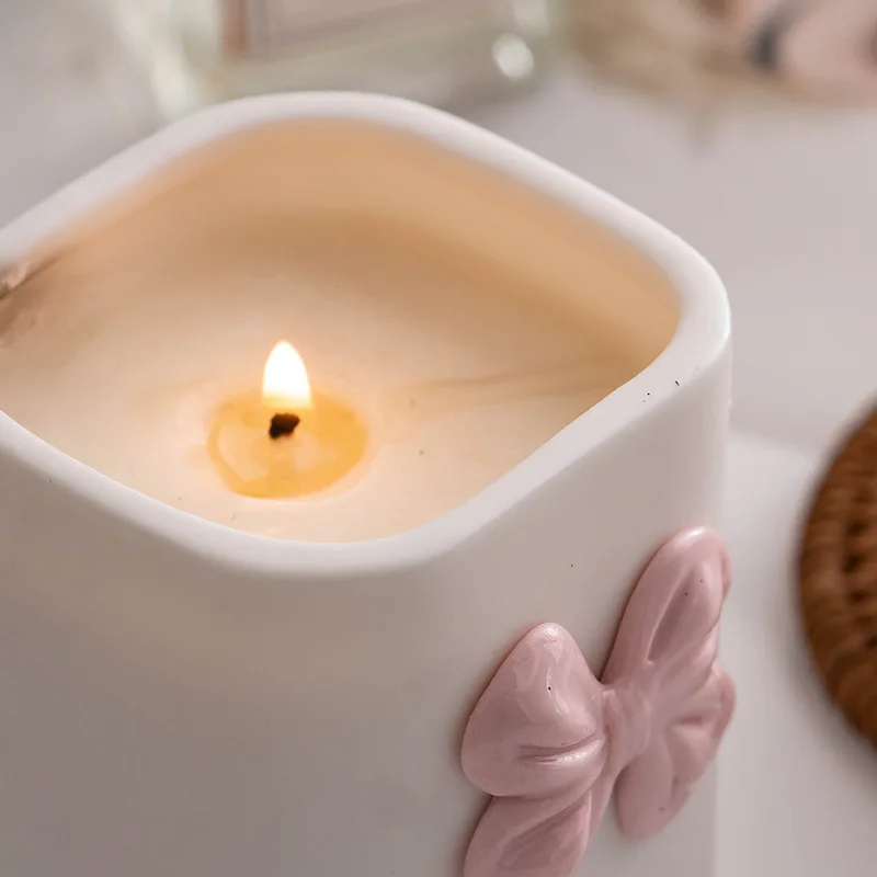 3D Bow Knot Gradient Matte Ceramic Candle Holder, Aroma Tealight Cup Kawaii B&B Romantic Tabletop Photography Decor Ornament